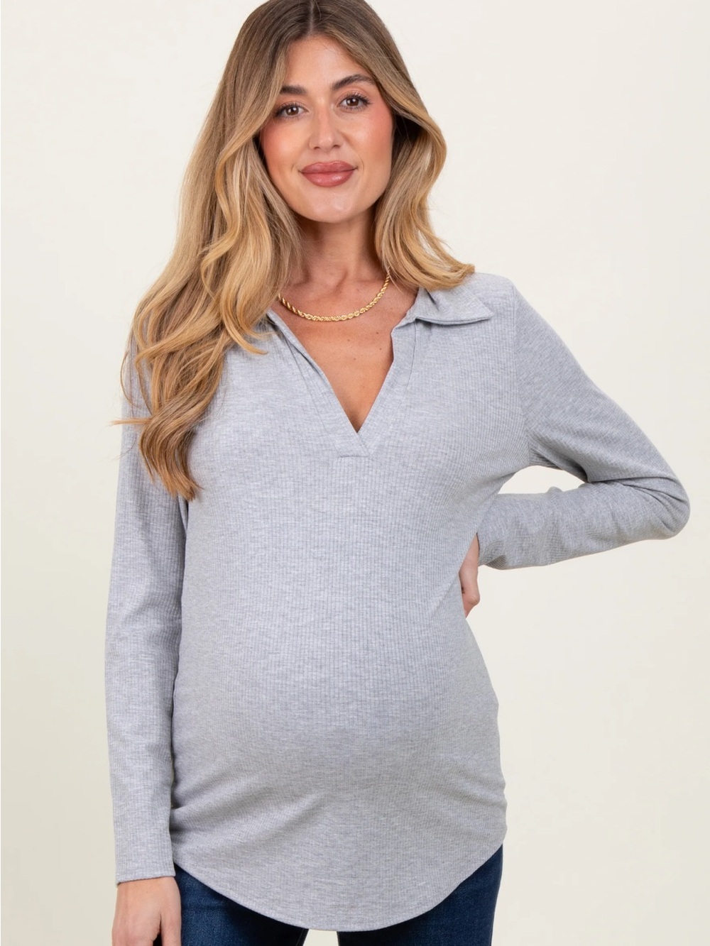 PinkBlush Heather Grey Ribbed Collared
Maternity Long Sleeve Top